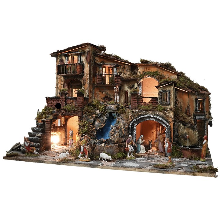 Presepe illuminato completo di statue con cascata, fontana e