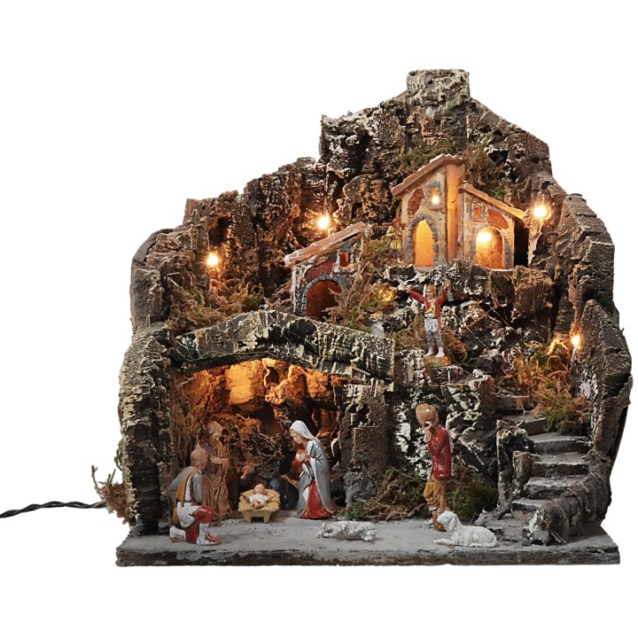 Illuminated nativity scene complete with Landi Moranduzzo statues cm