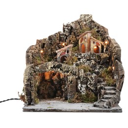 Illuminated nativity scene with village on mountain cm 36x38x40h