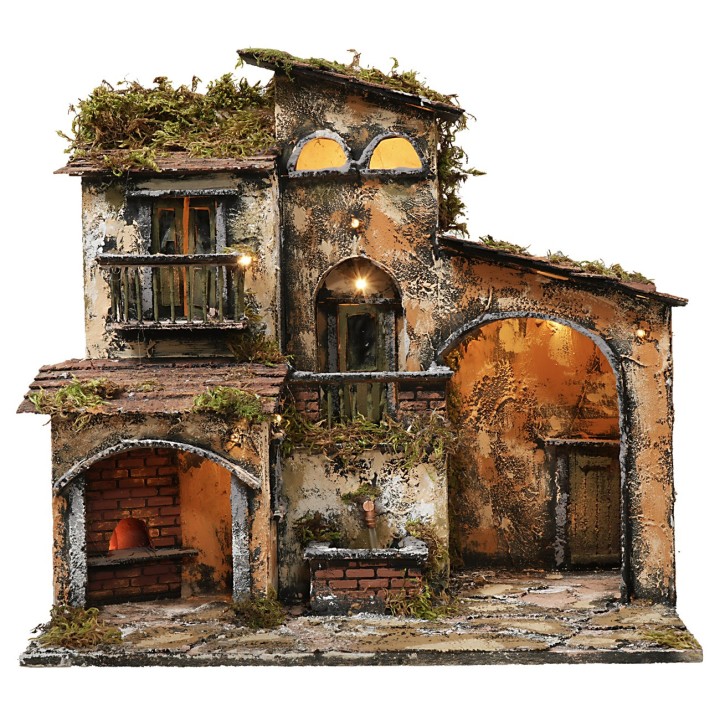Nacimiento iluminado con fuente y horno funcionando cm 46x32x45h