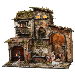 Illuminated nativity scene with working fountain and oven cm 46x32x45h