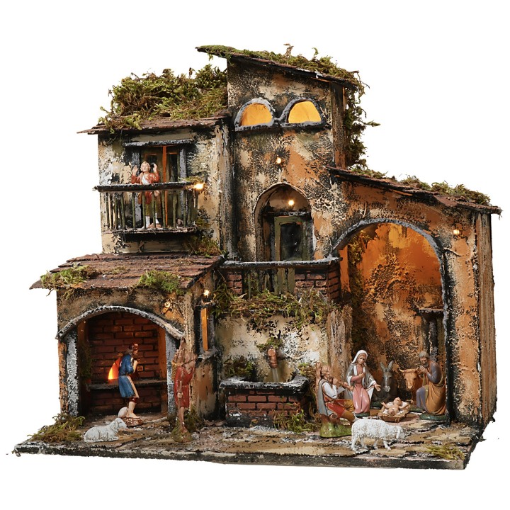 Illuminated nativity scene with working fountain and oven cm 46x32x45h