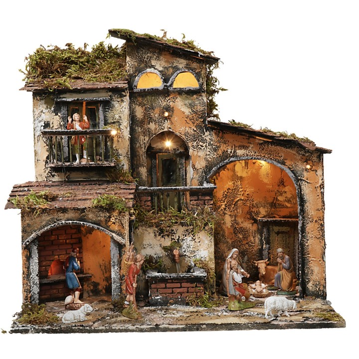 Illuminated nativity scene with working fountain and oven cm 46x32x45h