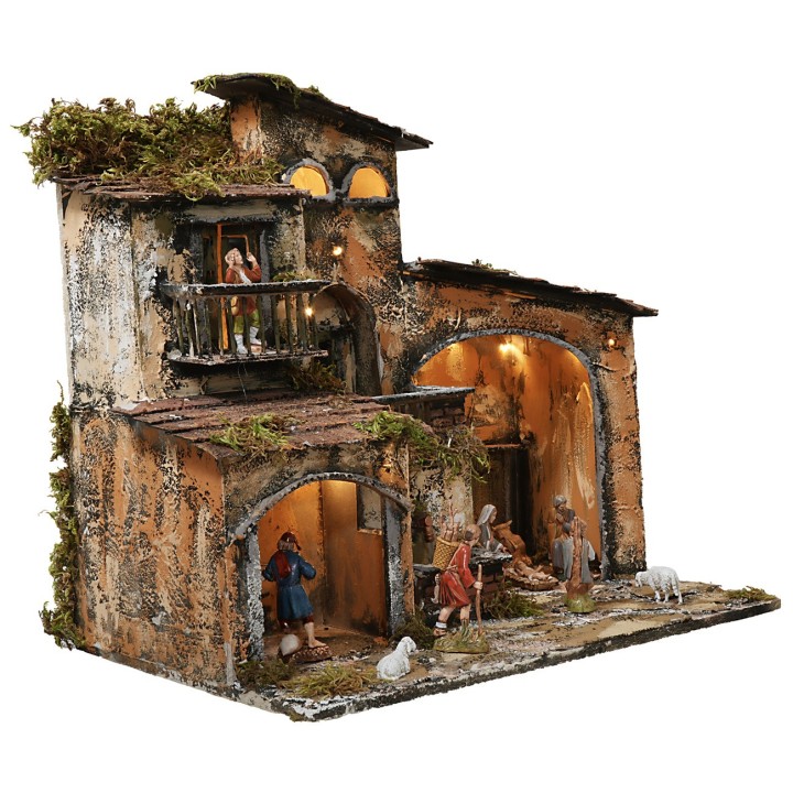 Presepe illuminato con fontana e forno funzionanti cm 46x32x45h