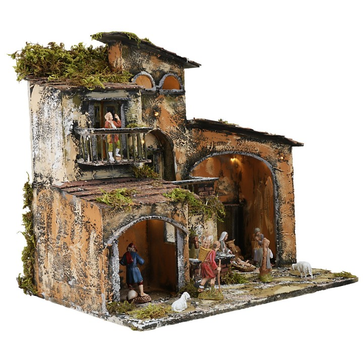 Illuminated nativity scene with working fountain and oven cm 46x32x45h