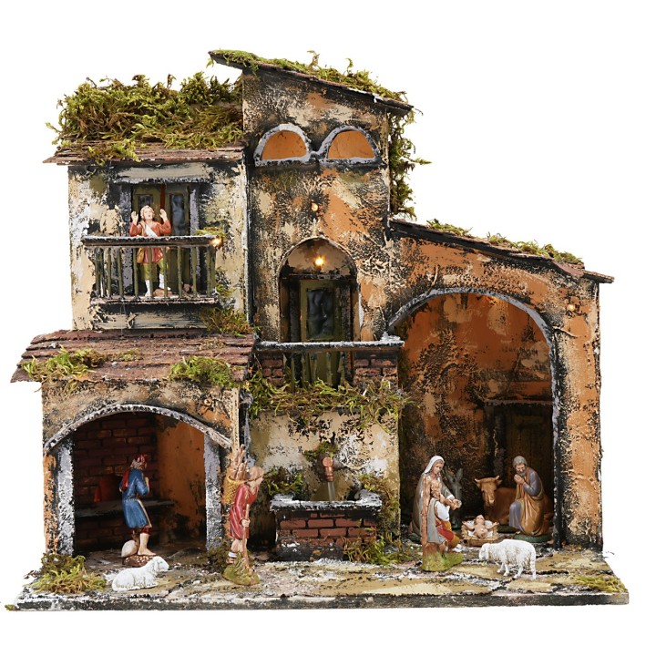 Illuminated nativity scene with working fountain and oven cm 46x32x45h