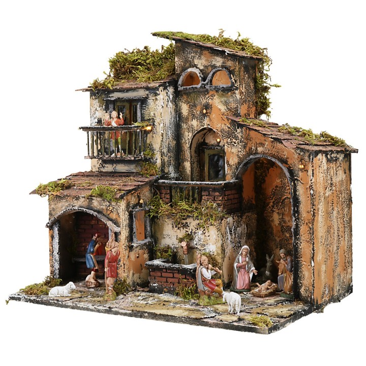 Illuminated nativity scene with working fountain and oven cm 46x32x45h