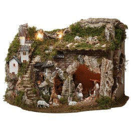 Presepe con luci fontana e fuoco funzionanti e statuine Landi