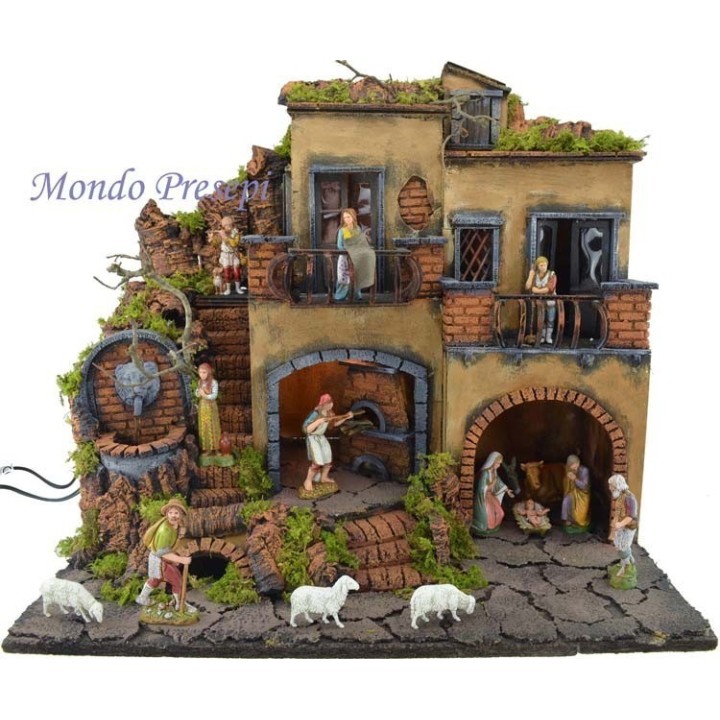 Presepe completo con statue Landi illuminato con fontana e