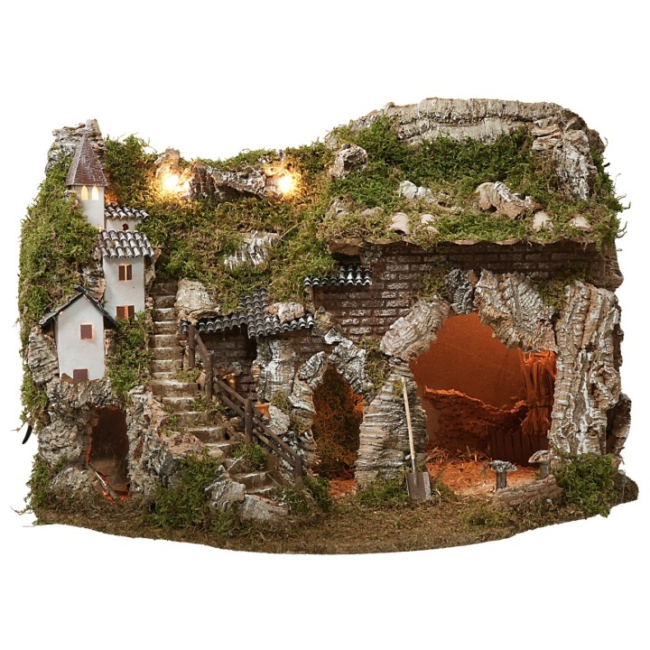 Presepe con luci fontana e fuoco funzionanti cm 57x37x39 h