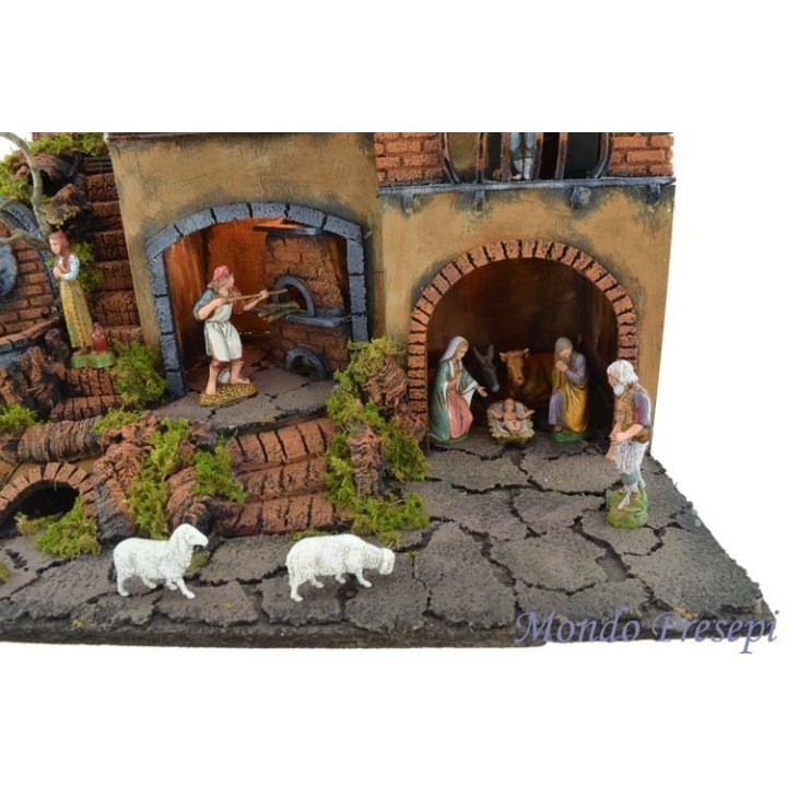 Presepe completo con statue Landi illuminato con fontana e