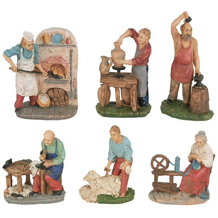 Set of 6 figurines at work, 10 cm, for nativity scenes