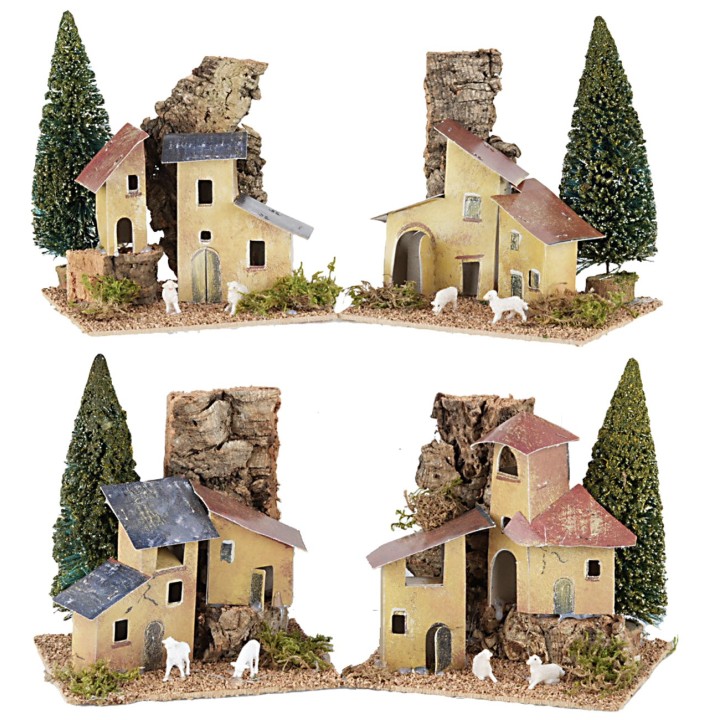 Set of 4 houses with trees cm 15x10x13 h