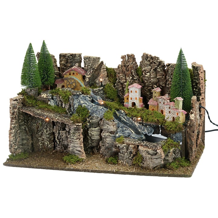 Illuminated nativity scene with working stream cm 60x35x33h