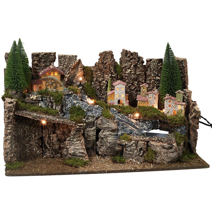 Illuminated nativity scene with working stream cm 60x35x33h