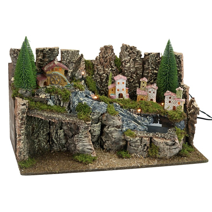 Illuminated nativity scene with working stream cm 60x35x33h