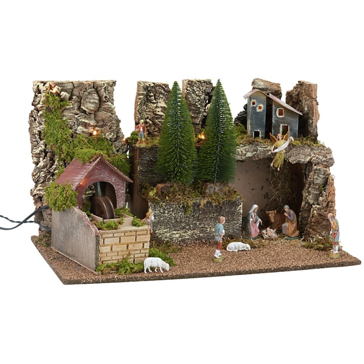 Presepe illuminato con statue e mulino elettrico cm 60x35x33h