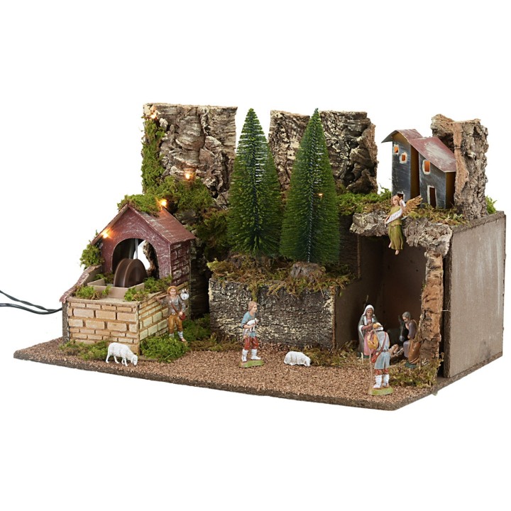 Presepe illuminato con statue e mulino elettrico cm 60x35x33h