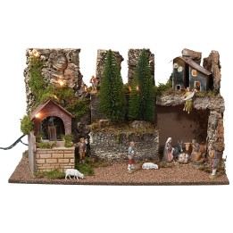 Belén iluminado con estatuas y molino eléctrico cm 60x35x33h