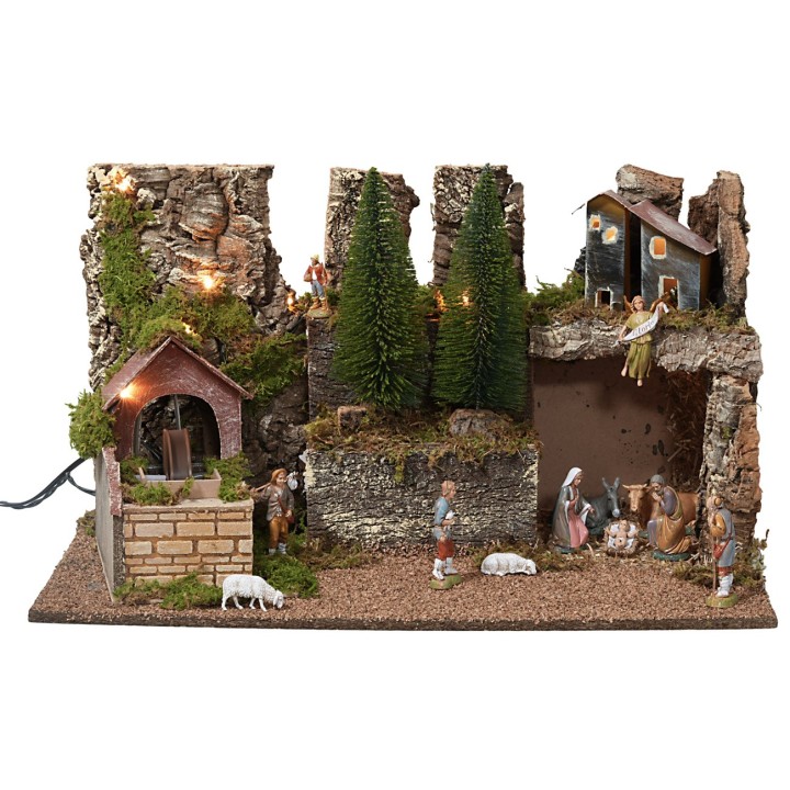 Illuminated nativity scene with statues and electric mill cm 60x35x33h