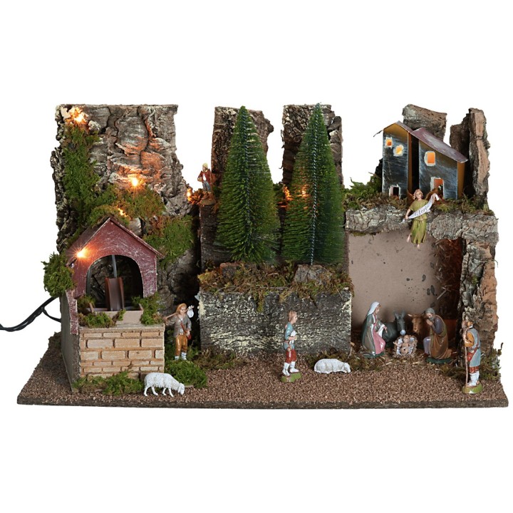 Illuminated nativity scene with statues and electric mill cm 60x35x33h
