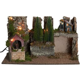 Pesebre iluminado con molino de agua funcionando cm 60x35x35h