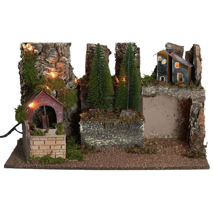Presepe illuminato con mulino ad acqua funzionante cm 60x35x35h