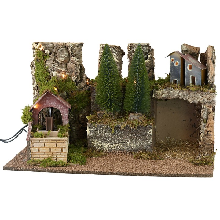 Presepe illuminato con mulino ad acqua funzionante cm 60x35x35h