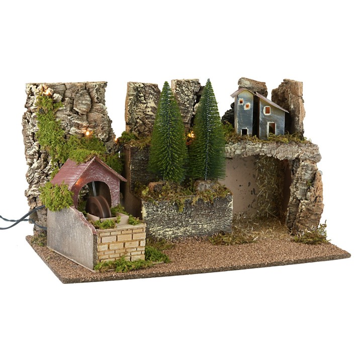 Presepe illuminato con mulino ad acqua funzionante cm 60x35x35h
