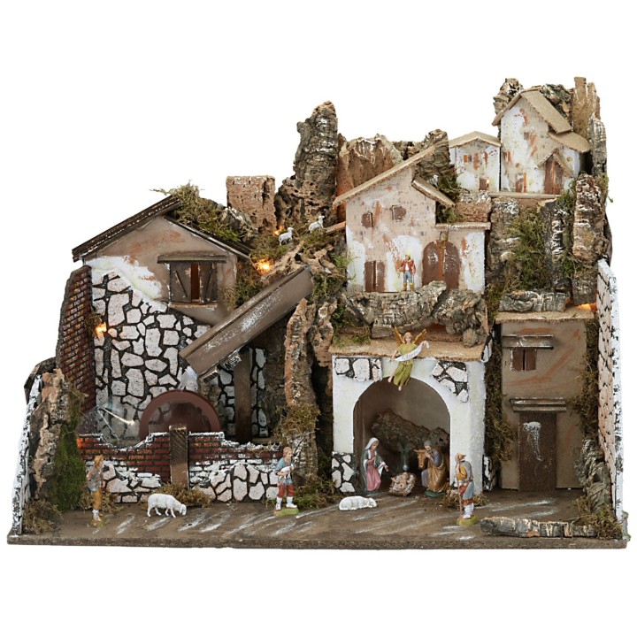 Presepe con statue illuminato con mulino completo di pompa a