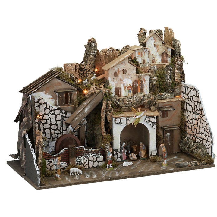 Presepe con statue illuminato con mulino completo di pompa a