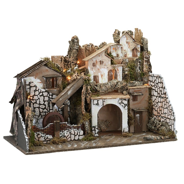 Presepe illuminato con mulino funzionante cm 76x40x54 h