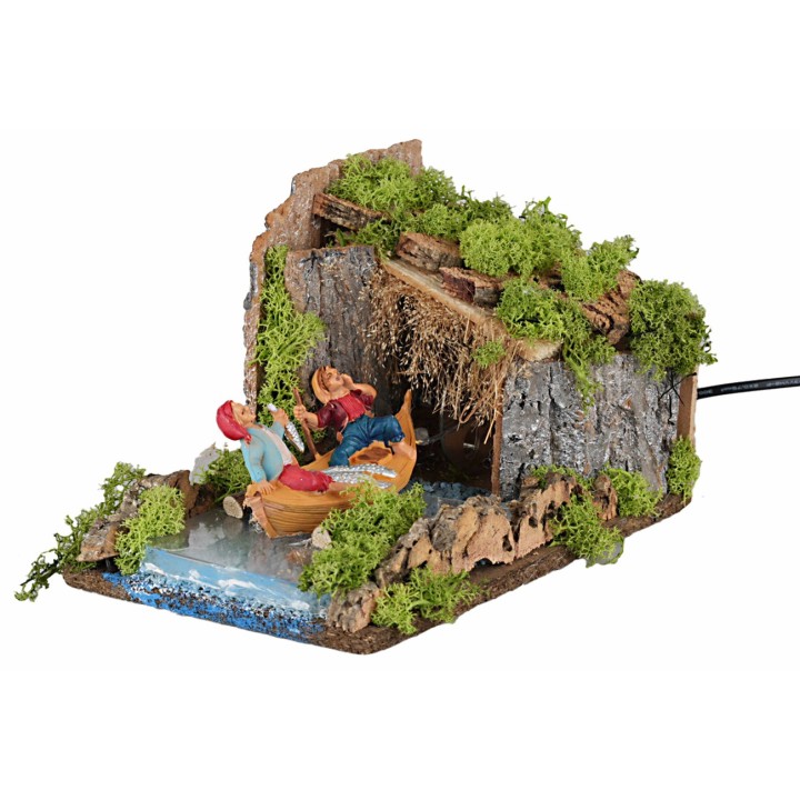 Barca con pescatori sul fiume in movimento 25x16x20 h