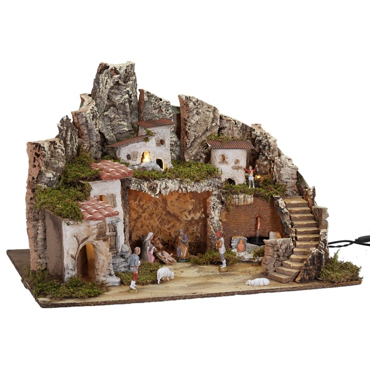 Presepe con luci e fontana funzionante completo di statuine cm