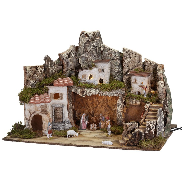Nacimiento con luces y fuente funcionando completo con figuritas cm