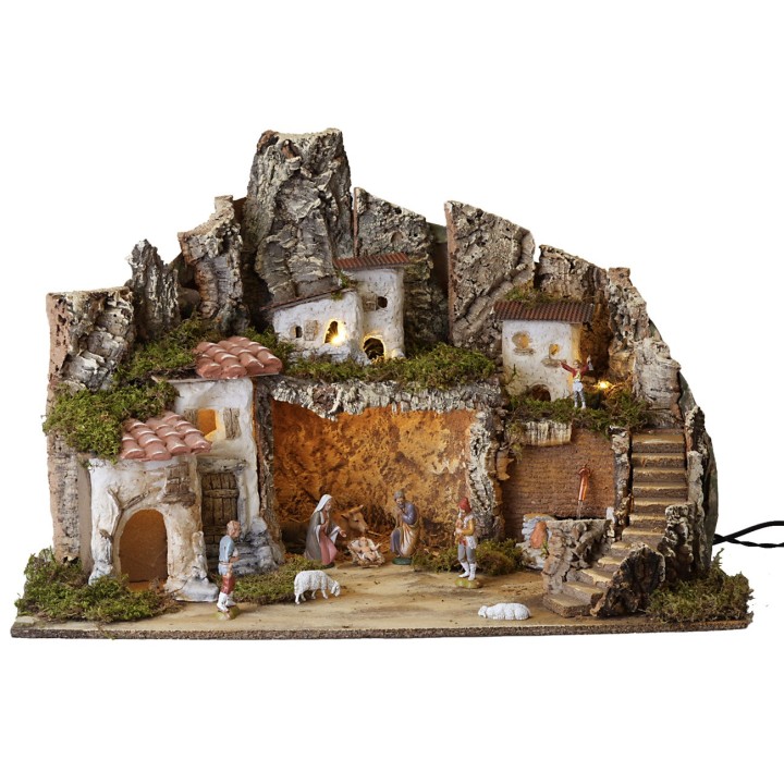 Nacimiento con luces y fuente funcionando completo con figuritas cm