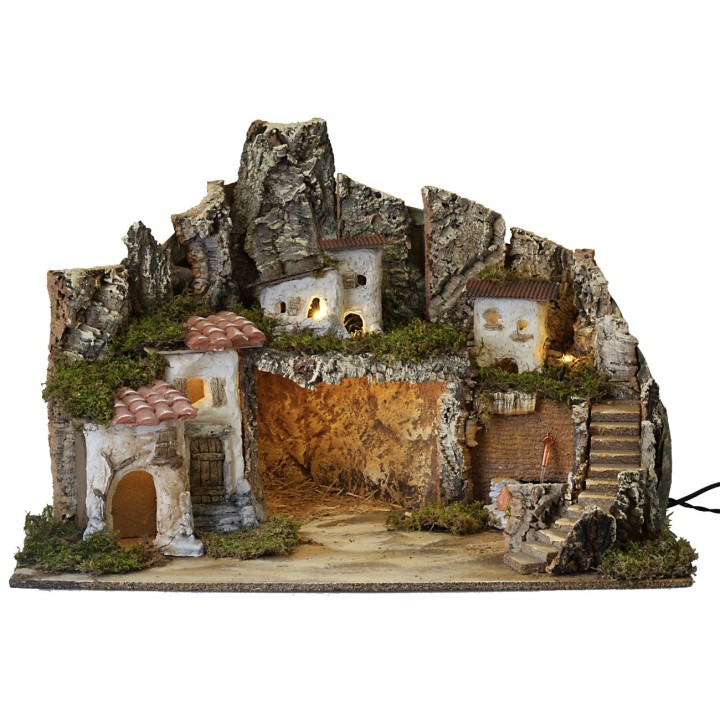 Presepe con luci e fontana funzionante cm 62x50x45 h