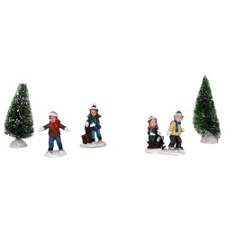 Set statuine e pini per villaggio natalizio 5 pz