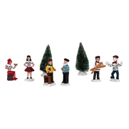 Set of figurines for Christmas Village and pine trees 8 pcs