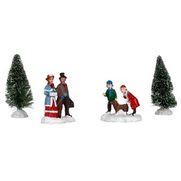 Set statuine e pini per villaggio Natalizio 4 pz
