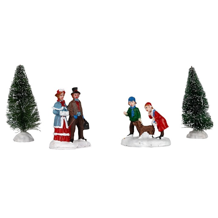 Set statuine e pini per villaggio Natalizio 4 pz