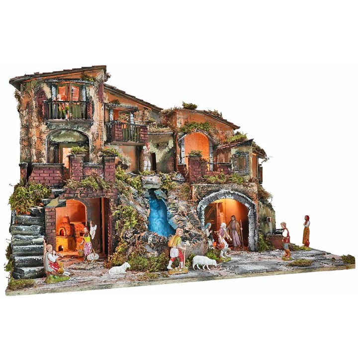 Presepe illuminato completo di statue con cascata, fontana e