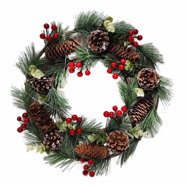 Wreath decorated with battery-operated LED lights Ø 30 cm