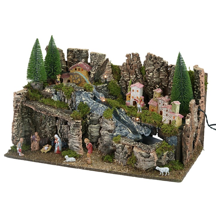 Belén completo con estatuas iluminado con molino cm 63x37x33h