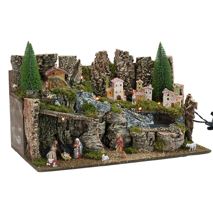 Presepe completo di statue illuminato con mulino cm 63x37x33h