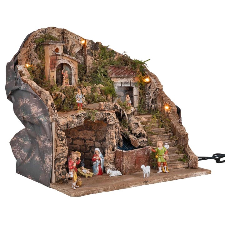 Belén iluminado completo con cascada y estatuas cm 39x30x39h
