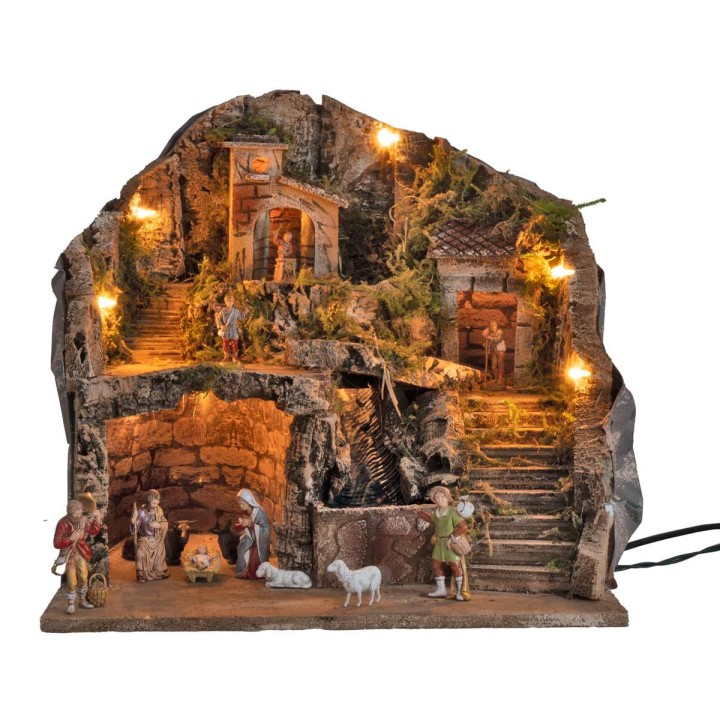Illuminated nativity scene complete with waterfall and statues cm 39x30x39h