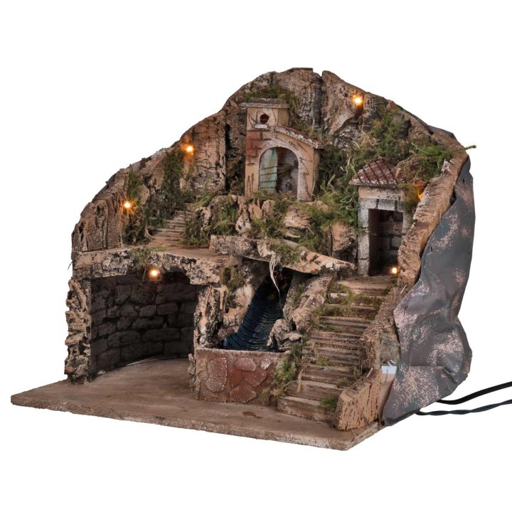 Belén artesanal iluminado con cascada cm 39x30x39h