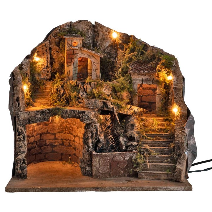 Presepe artigianale illuminato con cascata cm 39x30x39h