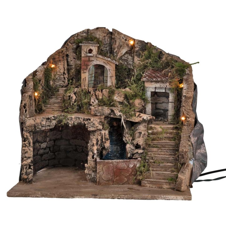 Presepe artigianale illuminato con cascata cm 39x30x39h